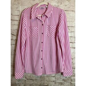 D&Co. Top Womens Small Hot Pink White Striped Button Up Soft Stretchy Beachy